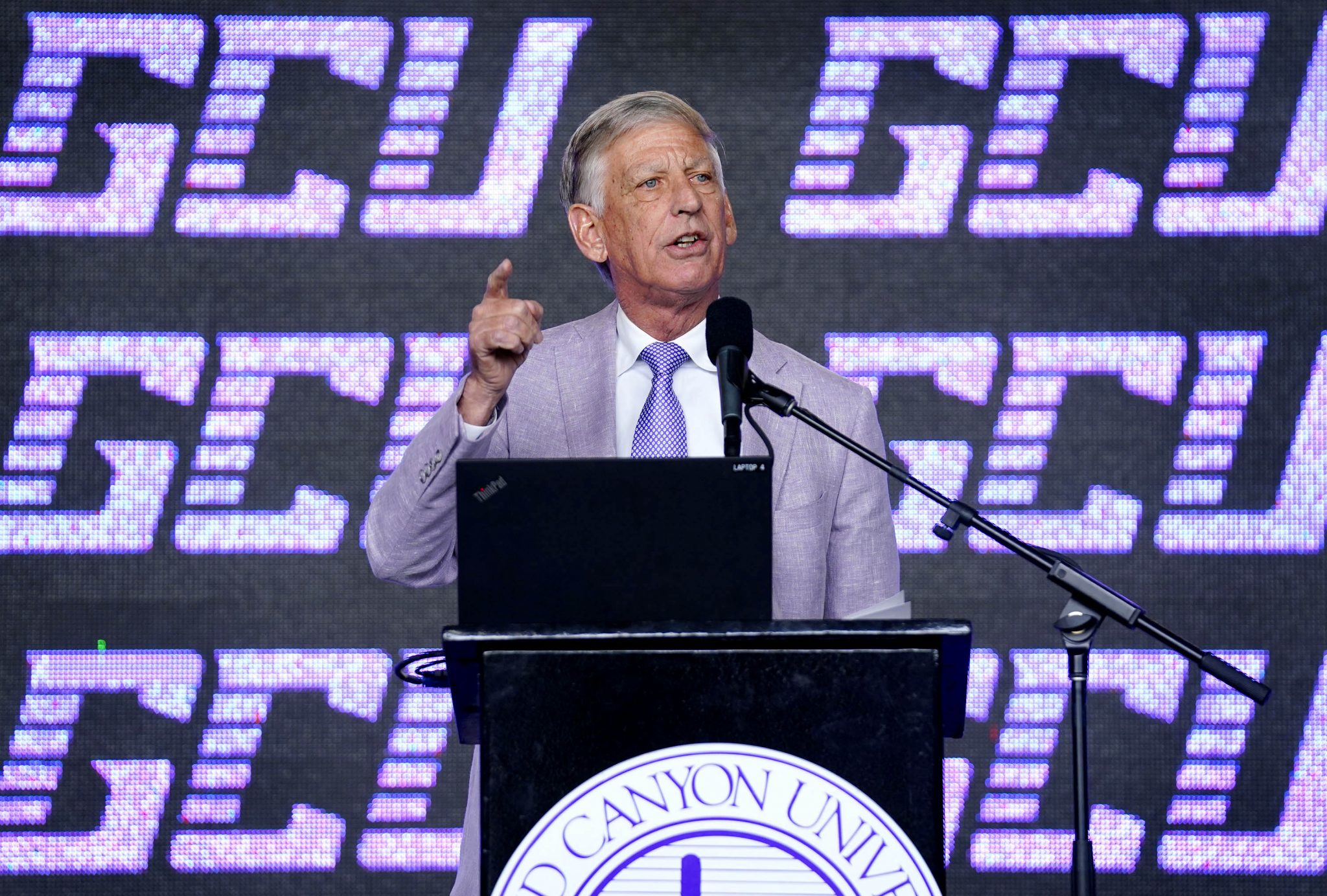 Grand Canyon University President Brian Mueller speaks during a Nov. 16 press conference regarding the university&rsquo;s appeal to recent U.S. Department of Education decisions.