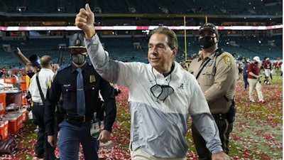 Alabama head coach Nick Saban leaves the field after their win against Ohio State in an NCAA College Football Playoff national championship game, Tuesday, Jan. 12, 2021, in Miami Gardens, Fla. Nick Saban, the stern coach who won seven national championships and turned Alabama back into a national powerhouse that included six of those titles in just 17 seasons, is retiring, according to multiple reports, Wednesday, Jan. 10, 2024.