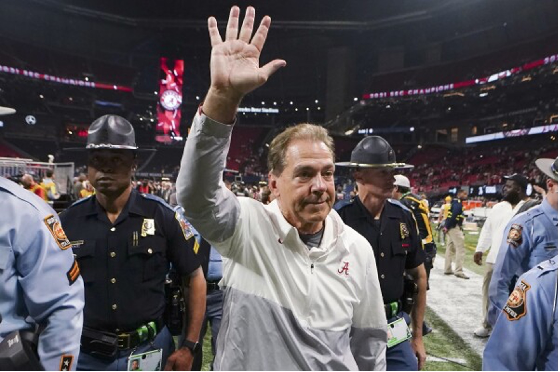 Alabama head coach Nick Saban leaves the field after the Southeastern Conference championship NCAA college football game between Georgia and Alabama, Saturday, Dec. 4, 2021, in Atlanta. Nick Saban, the stern coach who won seven national championships and turned Alabama back into a national powerhouse that included six of those titles in just 17 seasons, is retiring, according to multiple reports, Wednesday, Jan. 10, 2024.