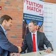 President Dr. David Harrison (left) of Columbus State Community College and President Dr. Matt vandenBerg of Ohio Wesleyan University shake hands after signing a landmark agreement April 18 at Columbus State’s Delaware Campus. The agreement improves affordability and accessibility for qualified Columbus State graduates who want to complete their bachelor’s degrees at Ohio Wesleyan.