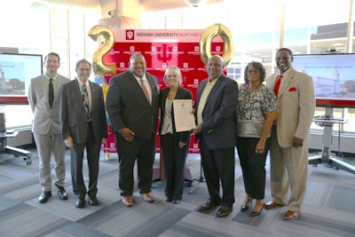 Jeremy Pekarek (Archivist, Calumet Regional Archives), Dr. Mark Sperling (Dean, School of Education), Dr. James Wallace (Director, ODEMA), Dr. Vicki Román-Lagunas (Interim Chancellor), Michael Suggs (COO, City of Gary), Kathy Malone (IUN founding cabinet member), & Dr. Ken Coopwood (Diversity Landmarks Founder)