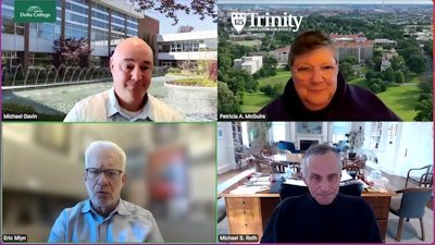 From left to right clockwise: Dr. Michael Gavin of Delta College; Patricia A. McGuire of Trinity Washington University; Dr. Michael S. Roth of Wesleyan University, and Eric Mlyn, director of the Democracy and Politics of American Higher Education project at Duke University’s Kenan Institute for Ethics.