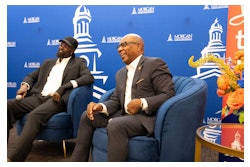 Soccer icon and humanitarian Sheyi Emmanuel Adebayor with Morgan State University President Dr. David K. Wilson